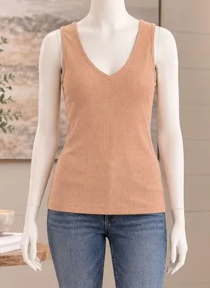 Enza Costa Womens Tank Top Ribbed Double V-Neck Tan Medium thumbnail 1