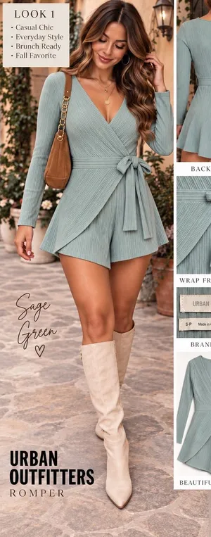 Urban Outfitters Ribbed Long Sleeve Wrap Romper Sage Green Small thumbnail 1
