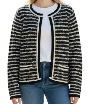WHITE HOUSE BLACK MARKET Striped Metallic Open Front Cardigan‎ EUC Size Medium thumbnail 1