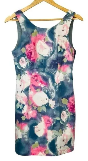 Bluejuice Floral Dress Small Watercolor Sleeveless‎ Bodycon V-Back Mini Strappy thumbnail 1