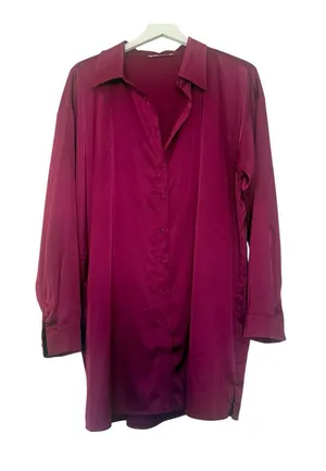 12th Tribe Hot Pink Satin Shiny Shirt Dress Button Down Collared Mini Large thumbnail 1