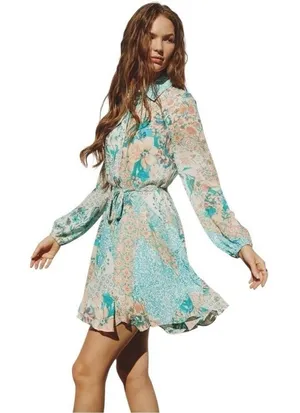 Dress Forum LA Patchwork Jade Belt‎ Floral Mini Shirt Dress Bubble Sleeve S thumbnail 1