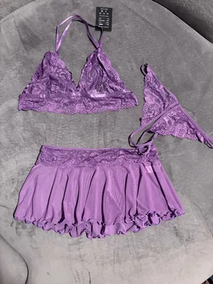 New! 3 Piece Purple Lace Bralette, Mini Skirt with G-String Crotchless thumbnail 3
