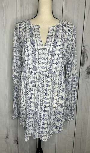 Ann Taylor Loft Blue White Floral Print V-Neck Cotton Tunic Top Sz L Lightweight thumbnail 1