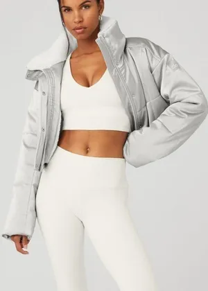 Alo Orion Cropped Puffer Silver Ivory Shiny Metallic Warm Sherpa-Lined Coat L thumbnail 1