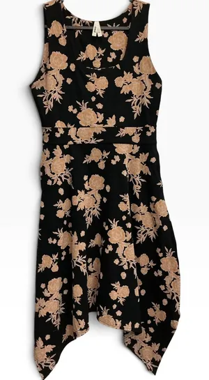 Pact Twilight Floral Asymmetrical Midi Dress Sleeveless Scoop‎ Neck Black Tan L thumbnail 1