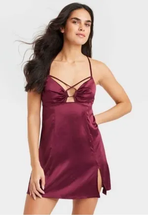 Auden Satin Babydoll Lingerie‎ Slip Dress Women's Size Large Strappy Burgundy thumbnail 1
