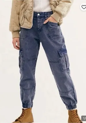Free People Platoon Denim Cargo Joggers Washed Blue Sz XS thumbnail 1