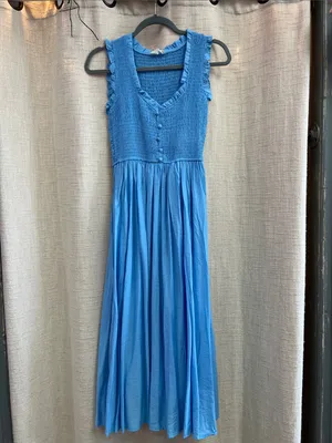 Light Blue Smocked Midi Dress V-Neck Button Front Ruffle Small thumbnail 8