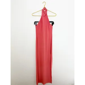 Norma Kamali Halter Turtleneck Side Slit Maxi Dress Size XS Coral Jersey Stretch thumbnail 4