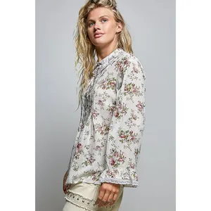 POL Floral Lace Trim Pintuck Button-Down Shirt - Ivory - Large thumbnail 2