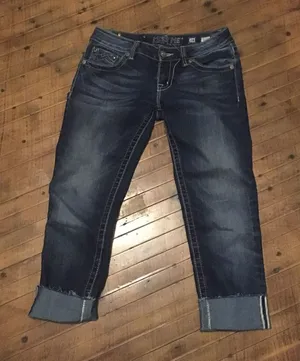 Miss Me cuffed distressed cuffed size 28 dark wash bling western cropped skinny thumbnail 1