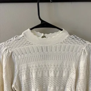 Abercrombie Pointelle Mock Neck Puff Sleeve Sweater in Cream thumbnail 3