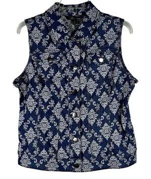 Baccini Floral Denim Style Sleeveless Button Down Collard Vest Large thumbnail 1