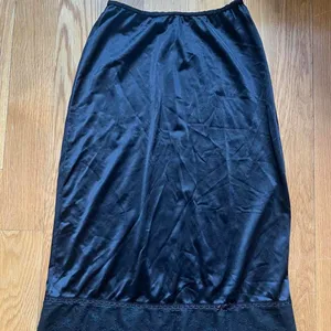 Black Satin Lace Trim Midi Skirt Whimsygoth Vintage Made in USA thumbnail 1
