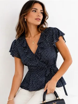 Banana Republic Navy Printed Ruffle Wrap Top thumbnail 1