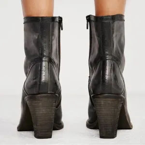 Free People Winding Road Heel Distressed Leather Ankle Boots Black/Grey Size 8 thumbnail 3