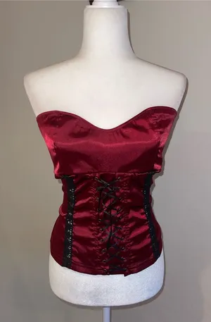 Angie Strapless Satin Corset Top in Burgundy thumbnail 1