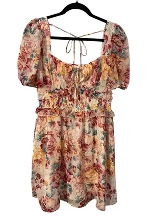 Listicle So Lovely‎ Floral Square Neck Dress Lined Dress Keyhole Tie in Front thumbnail 1