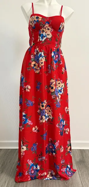 Red Maxi Dress w/Vibrant Floral Print & Pockets thumbnail 1