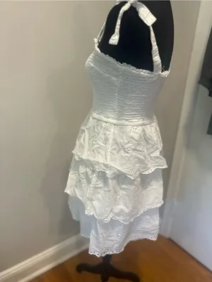 Sincerely Jules white sundress Sz:L smocked bodice tiered eyelet ruffled Dress. thumbnail 4