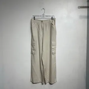Happily Grey Cream Linen Blend Wide Leg Pants High Rise Flowy Sz L thumbnail 2