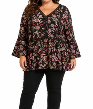 Avenue Top Womens Plus Size 5X Black Floral Boho Bell Sleeve Size 30 / 32 NWT thumbnail 1