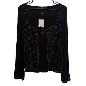 NWT Free People Beaded Black Boho Top size Medium thumbnail 2