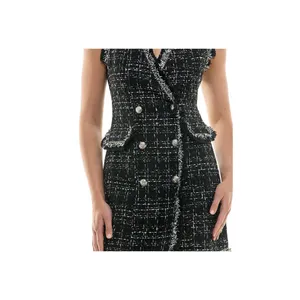 NWT Trixxi Fringe-Trim Boucle Sleeveless Faux Pocket Tweed Dress Black / White S thumbnail 7