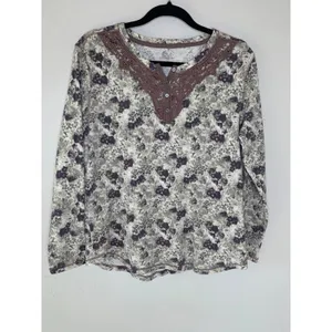 Northcrest Floral Thermal Lace Trim Henley Shirt Sz Large thumbnail 5