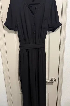 Ann Taylor Jumpsuit Women Black Short Sleeve Button Front Wide Leg Belted Sz 10 thumbnail 1