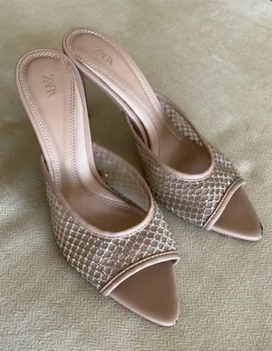 ZARA Rhinestone Kitten Heels Beige 38 thumbnail 1