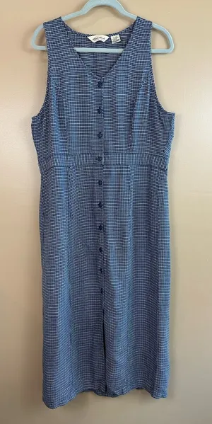 Vtg Eddie Bauer Navy Blue Plaid Sleeveless Dress XL Pinafore Jumper Cottagecore thumbnail 1