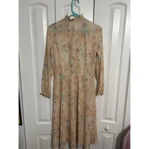 Vintage Midi Dress Cottagecore Floral Peach High Ruffle Neck‎ Button Front 12 thumbnail 9