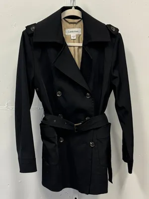 Calvin Klein Black Double Breasted Belted‎ Trench Coat Jacket XS Epaulettes thumbnail 1