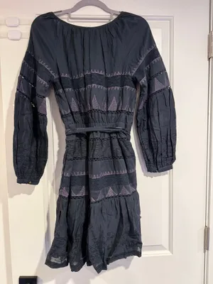 By Anthropologie Skye Embroidered Navy Blue Purple Tie Mini Dress Women's XS thumbnail 11