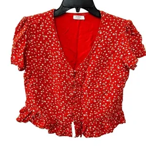 Harper burnt orange floral short sleeved V neck crop top thumbnail 1
