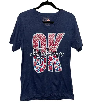 Calamity Jane's Apparel Blue OK V Neck Graphic Tee Shirt‎ thumbnail 1