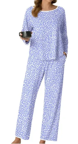 NEW Polka dot Pajamas Set 2 Pc Lounge Set Long Sleeve Pjs Long Pants L thumbnail 1