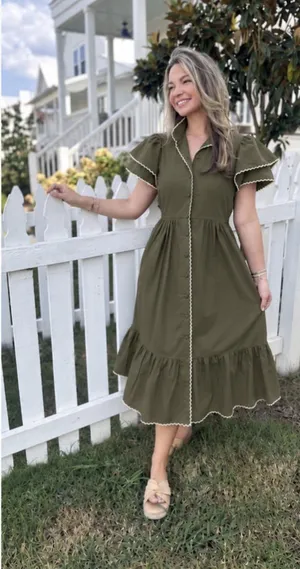 Tuckernuck Olive Green Alice Button Front Midi Dress Collar V Neck Scallop S thumbnail 1