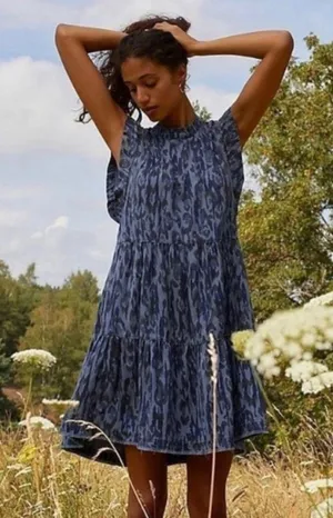 Anthropologie Jenee Tiered Tunic Dress Blue Leopard Print Sz XS thumbnail 4