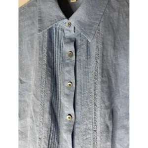 J. Jill Women XL Blue 100% Linen Pintuck Lace Trim Short Sleeve Button Down Top thumbnail 3