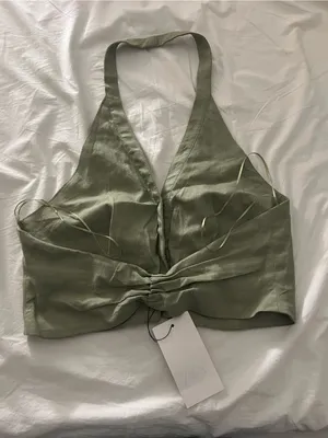 Zara green linen halter neck button front top NWT medium thumbnail 4
