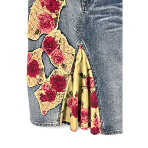 Vintage Y2K 90's Express 7/8 Denim Skirt Corduroy Floral Patches Ruffle Low rise thumbnail 2