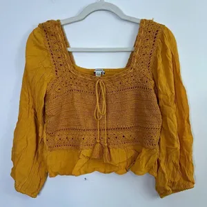 NWT American Eagle Crochet Boho Cropped Ruffle Hem Mustard‎ Yellow Top Blouse thumbnail 1