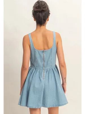 NEW Double Zero Scoop Neck Denim Mini Dress Small 100% Cotton Flowy Fit & Flare thumbnail 3