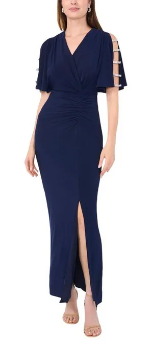 NWT MSK V-Neck Rhinestone Ladder Trim Side Slit Evening Gown Dress Navy Blue S thumbnail 1