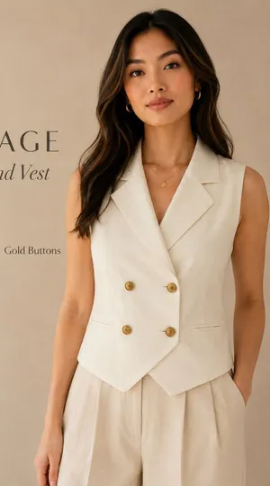 Vintage 90s Ivory Linen Blend Double Breasted Vest Gold Buttons M thumbnail 1