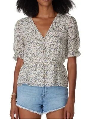 Madewell Cream Floral Button-Front V-Neck Peplum Blouse thumbnail 1