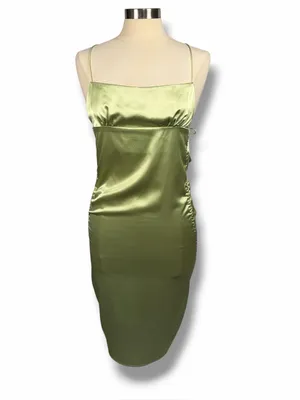 PRINCESS POLLY Chartreuse Satin‎ Tie Shoulder Straps Ruched Mini Dress, Size 4 thumbnail 2